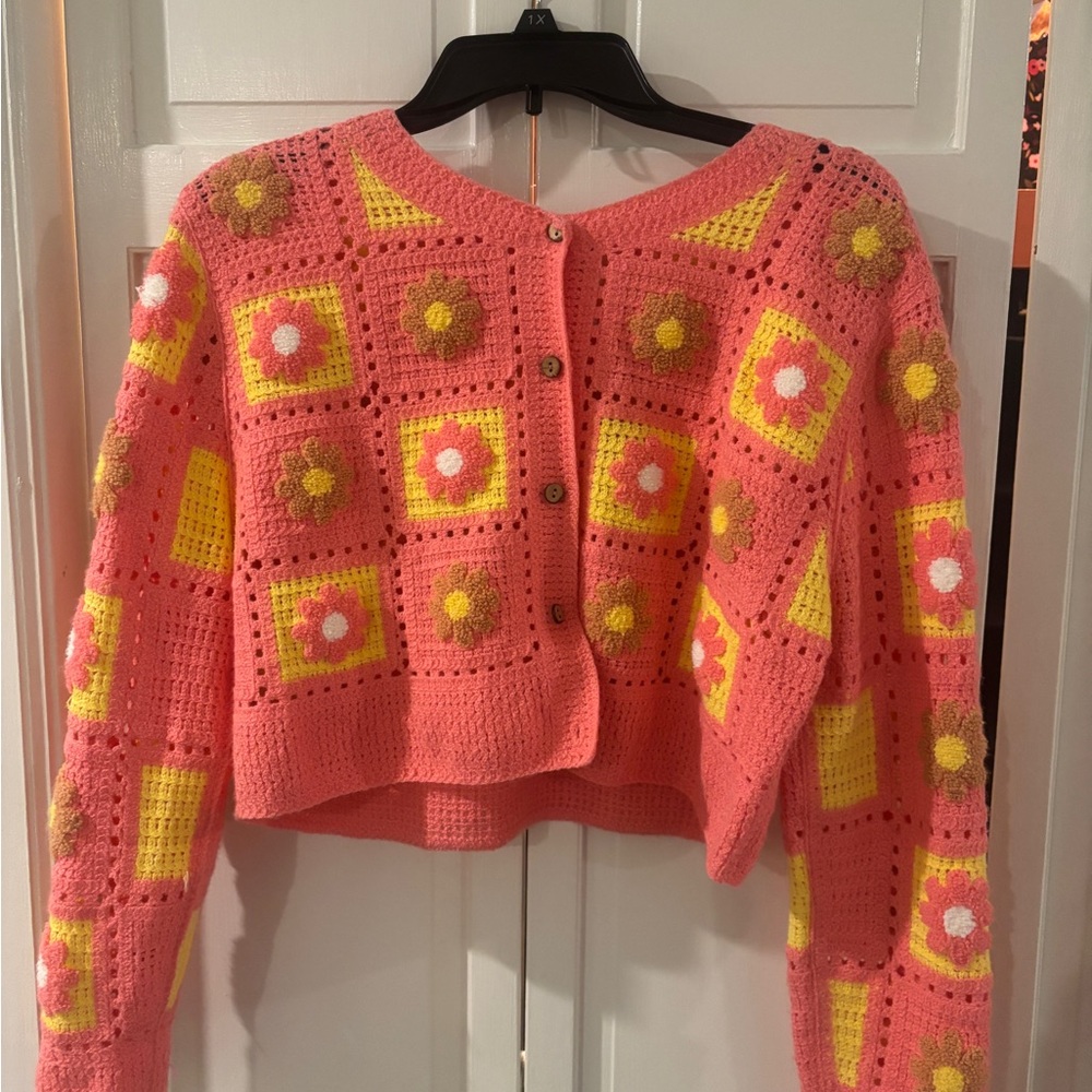 Very J Pink and Yellow Floral Crochet Cardigan